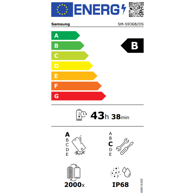 Etiqueta energética do Samsung com classificação B, bateria de 43 horas e 38 minutos, resistência IP68.