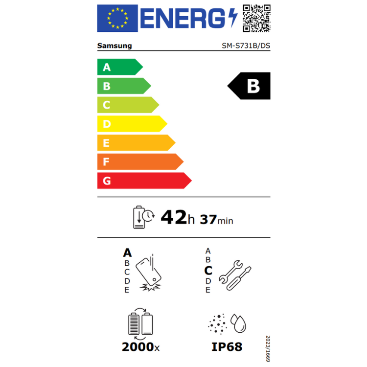 Etiqueta energética do Samsung com classificação B, bateria dura 42 horas e 37 minutos, resistência IP68 e zoom 2000x.