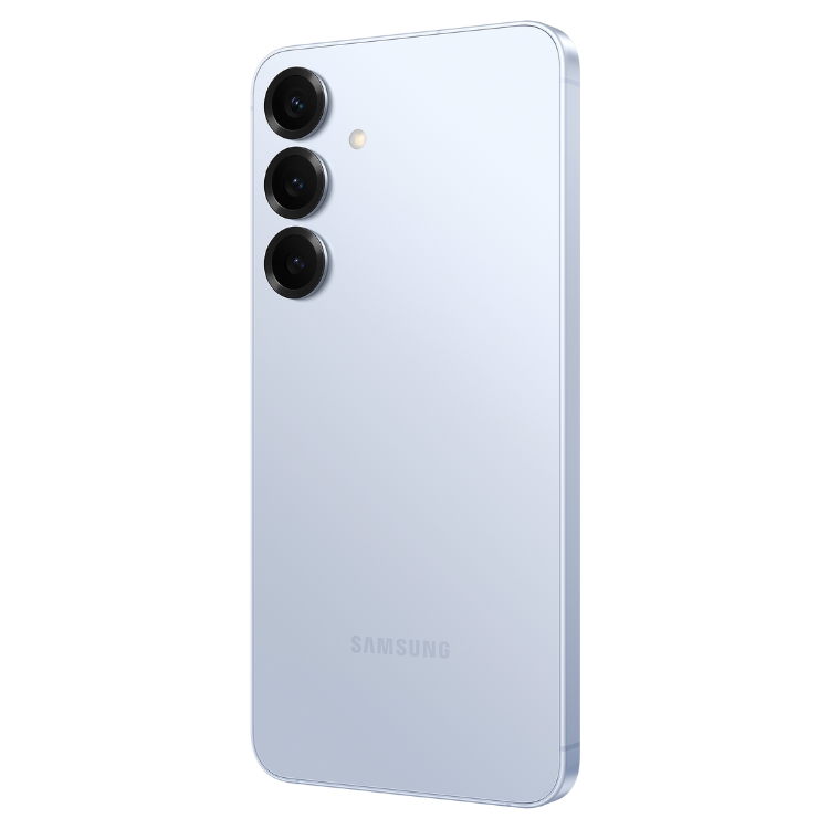 Samsung Galaxy S25, azul claro, três câmeras, marca Samsung na parte inferior.
