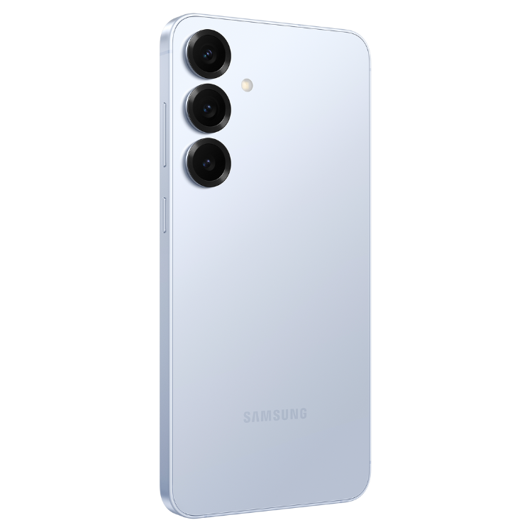 Samsung Galaxy S25, azul claro, 3 câmeras traseiras, marca Samsung na parte inferior.