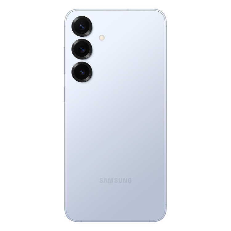Samsung Galaxy S25, azul claro, três câmeras verticais na parte de trás.