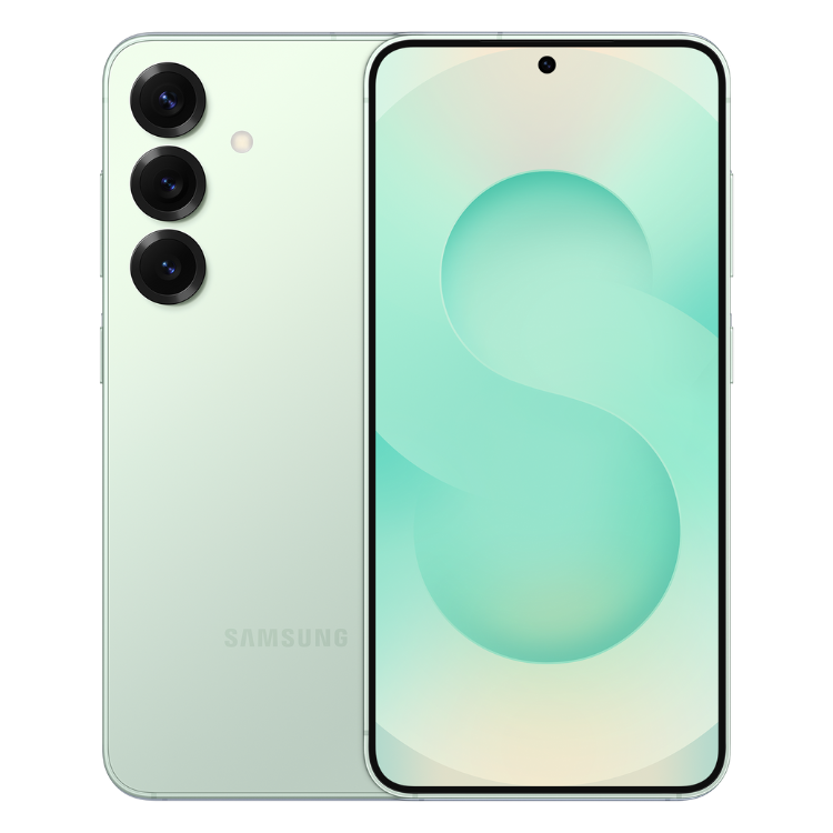 Samsung Galaxy S25, verde, 12GB/128GB, 5G, Dual Sim, três câmeras traseiras e ecrã com wallpaper verde.