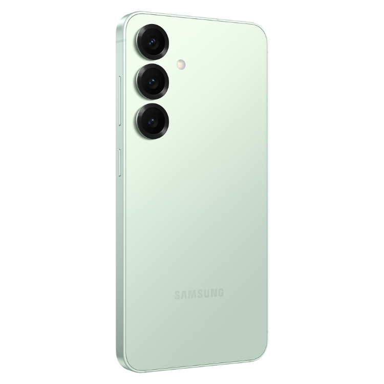 Samsung Galaxy S25, verde, 3 câmeras, logotipo na parte inferior.