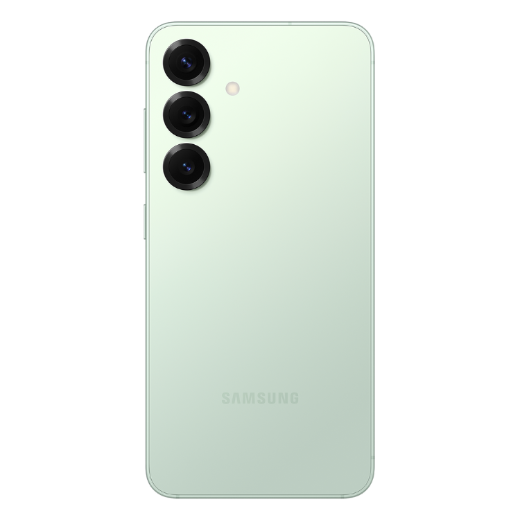 Samsung Galaxy S25, verde, 3 câmeras traseiras, logotipo SAMSUNG.