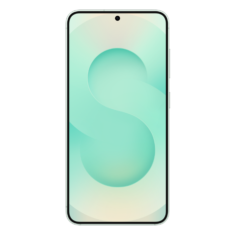 Samsung Galaxy S25, smartphone mint, ecrã ligado, fundo verde-azulado.