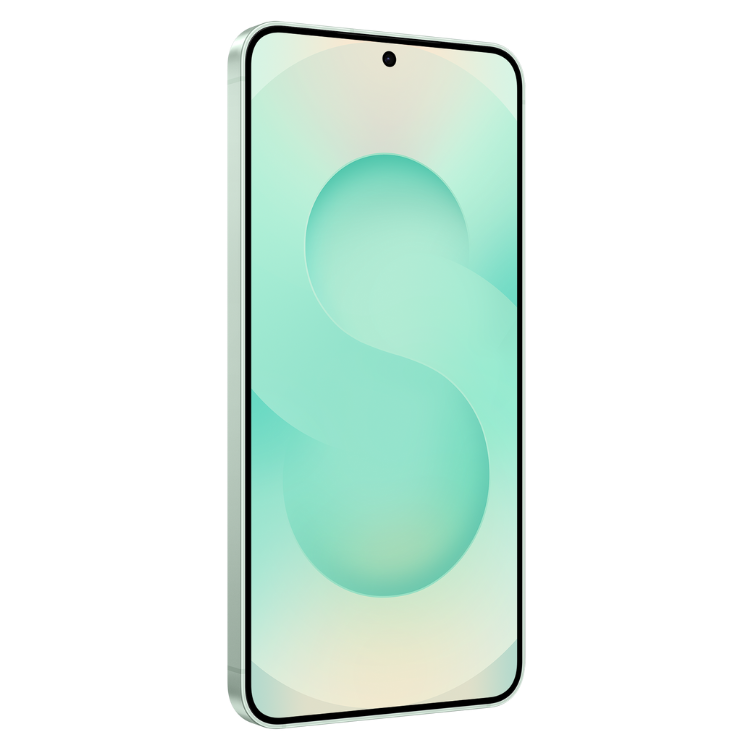 Smartphone Samsung Galaxy S25, cor verde claro, com ecrã ligado, fundo verde claro e bege.