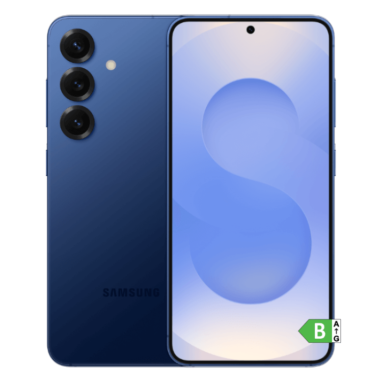 Samsung Galaxy S25 S931 5G, azul marinho, 12GB RAM, 128GB, dual sim, três câmeras traseiras e ecrã com wallpaper azul.