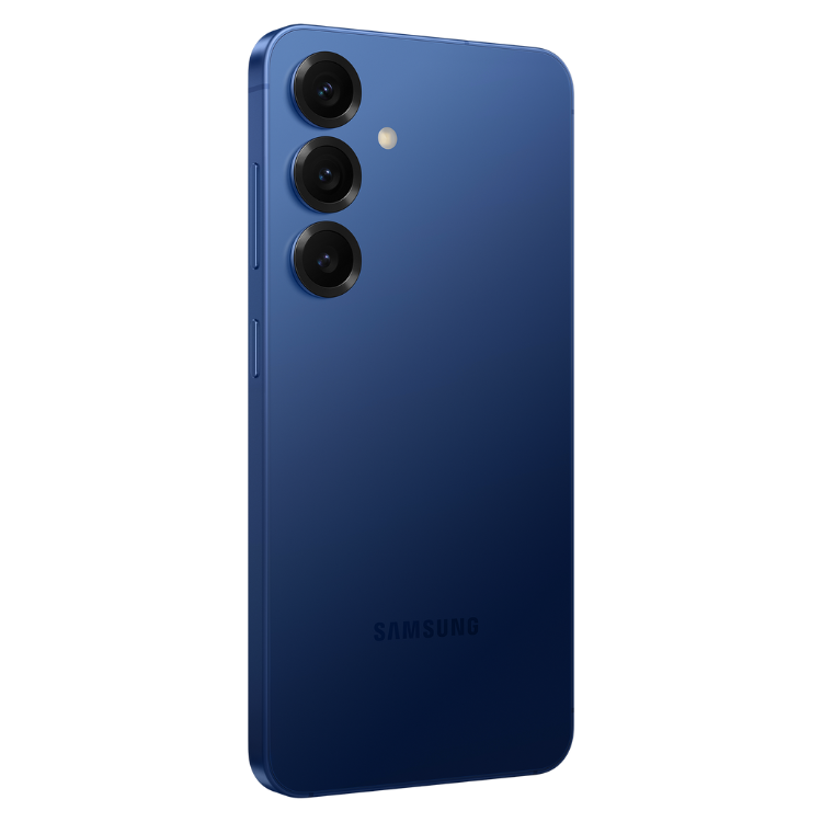 Samsung Galaxy S25, smartphone azul marinho, 3 câmeras traseiras e marca SAMSUNG.