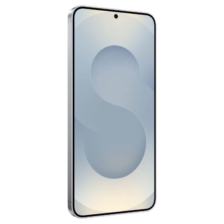 Samsung Galaxy S25 5G prata, ecrã de 6.2 polegadas com fundo azul claro e logótipo S.
