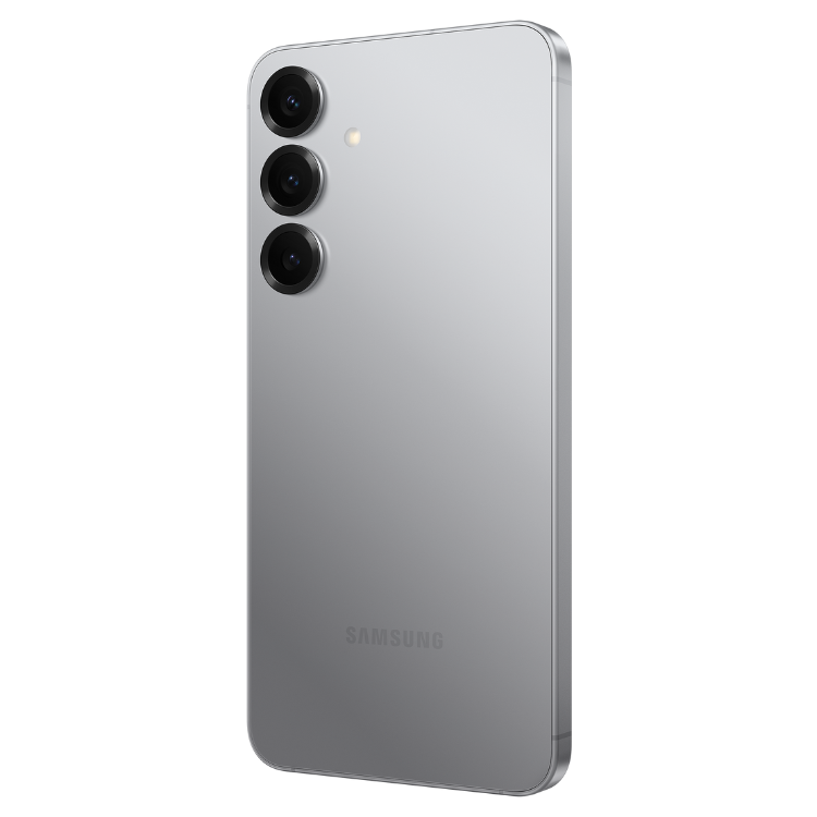 Samsung Galaxy S25, prata, 3 câmeras traseiras, logotipo SAMSUNG.
