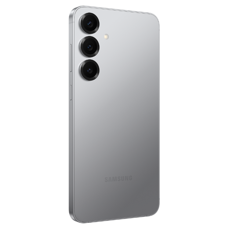 Samsung Galaxy S25, prata, 3 câmeras traseiras, logotipo SAMSUNG