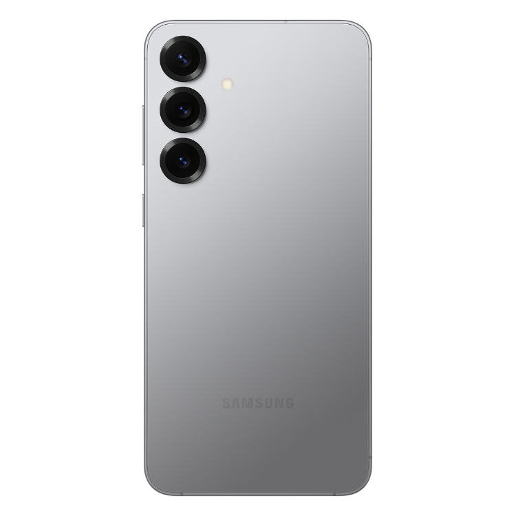 Samsung Galaxy S25, prata, três câmeras verticais na parte de trás.