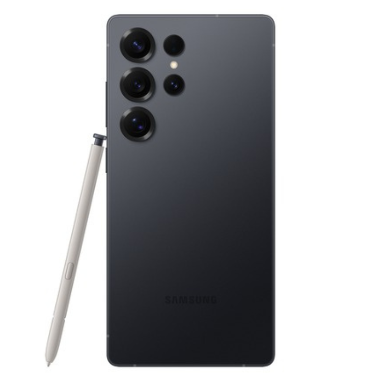 Samsung Galaxy S25 Ultra, preto, smartphone com 4 câmeras e caneta stylus.