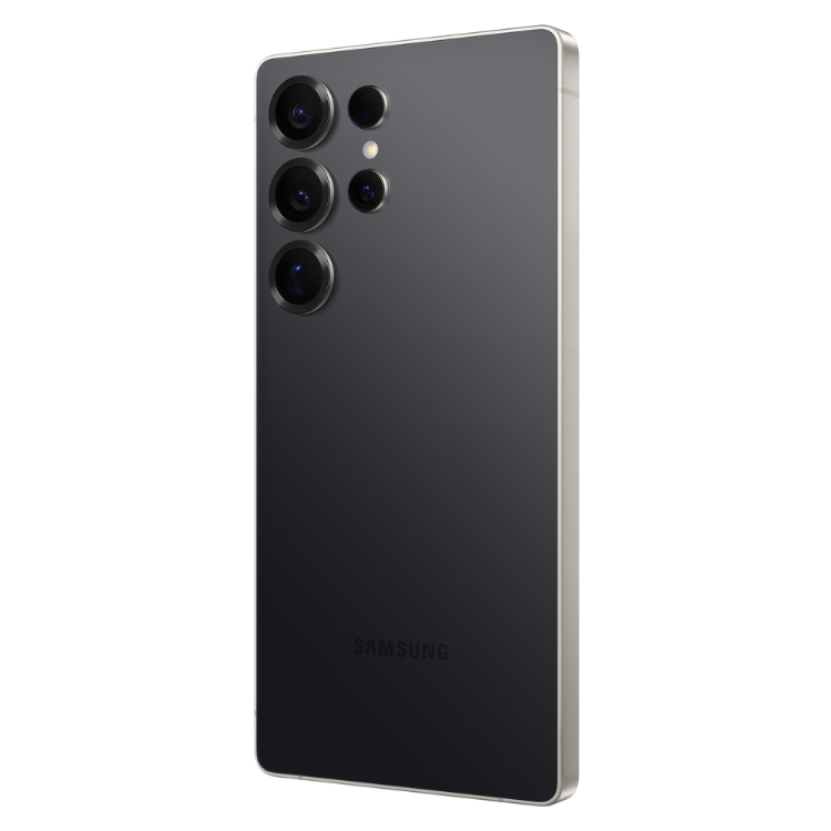 Samsung Galaxy S25 Ultra, preto titânio, 4 câmeras traseiras e logotipo da marca.