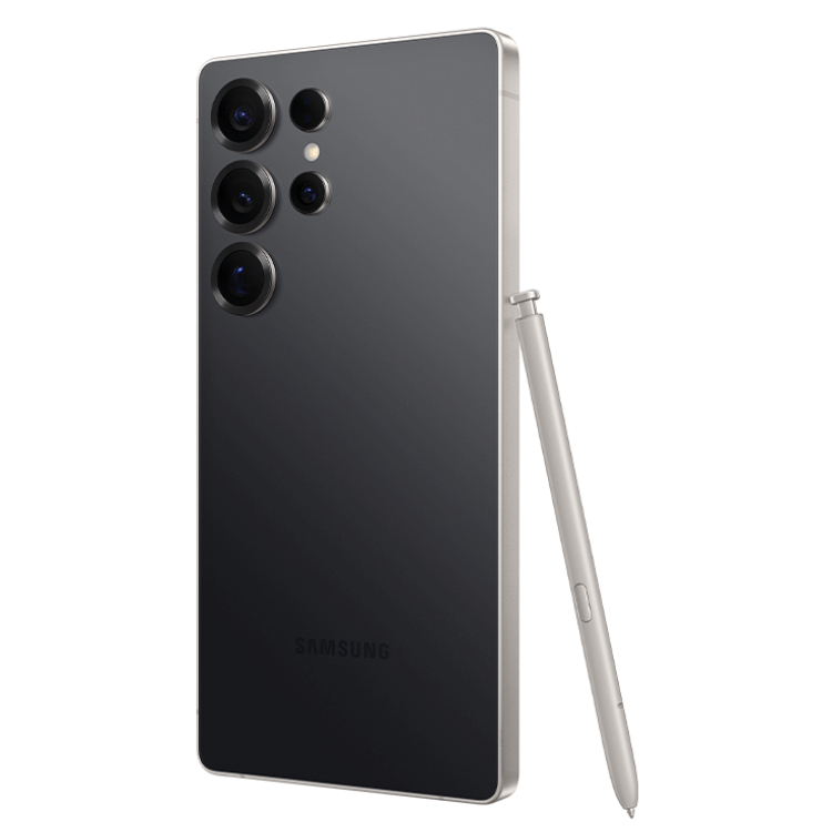 Samsung Galaxy S25 Ultra, preto titânio, 5G, câmaras quádruplas, caneta stylus ao lado.