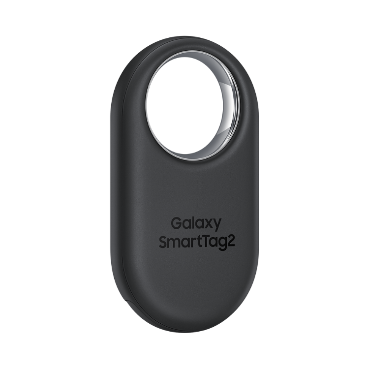 Localizador Samsung Galaxy SmartTag2 preto com anel metálico e logótipo do produto.