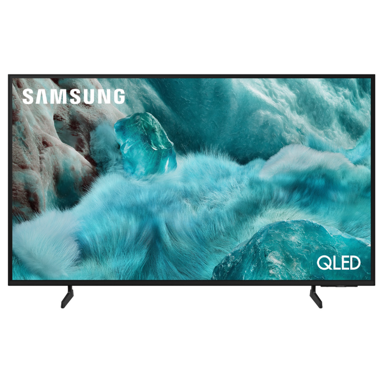 Televisão Samsung Q7F 2025 Smart TV 4K QLED 65" preto com imagem de ecrã a mostrar conteúdo de alta definição.