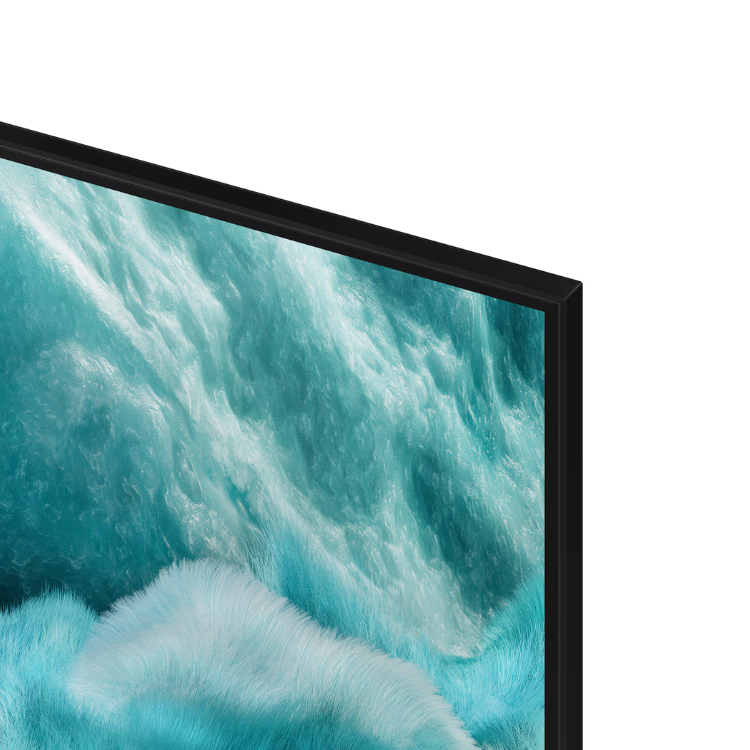 Televisão Samsung Q7F 2025, Smart TV 4K QLED 65", ecrã preto com imagem de ondas azuis intensas.