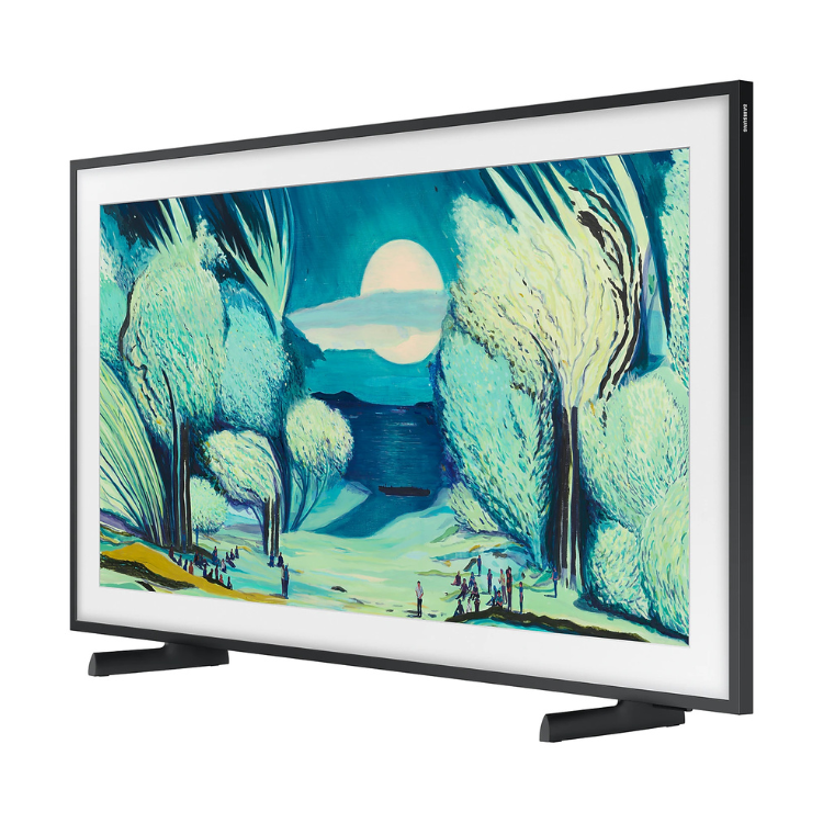 TV Samsung The Frame 55" QLED 4K, com moldura preta e imagem de paisagem abstrata em tons de azul e verde.