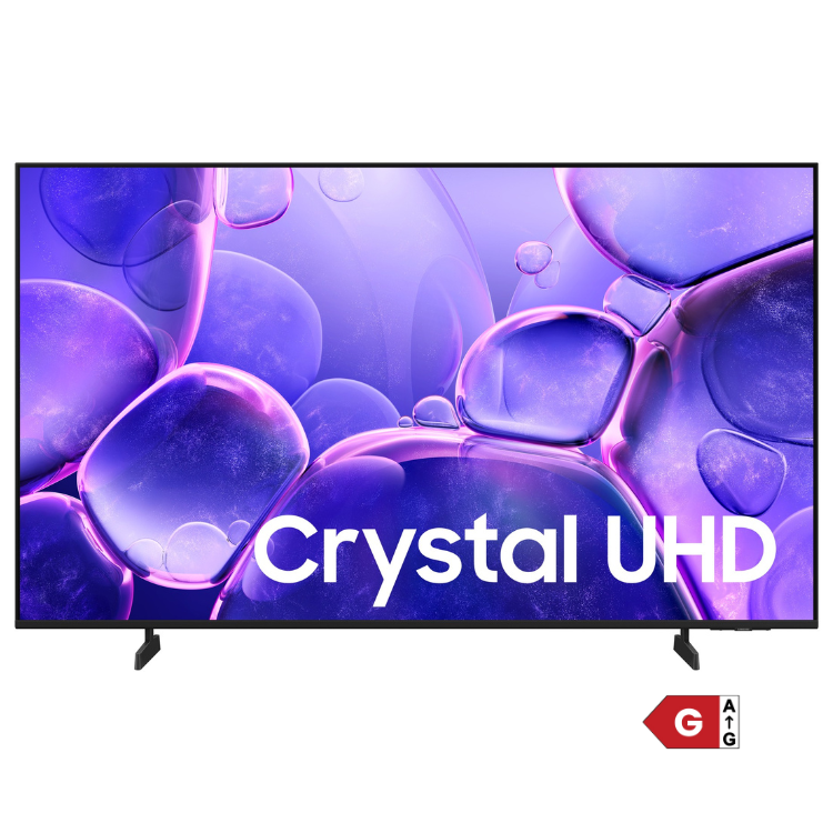 TV Samsung Crystal U8005F 50" 4K UHD LED preto com imagem de bolhas roxas e texto Crystal UHD