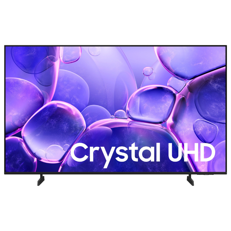 Televisão Samsung Crystal U8005F, 43 polegadas, 4K UHD, preto, com imagem de bolhas roxas e texto Crystal UHD.