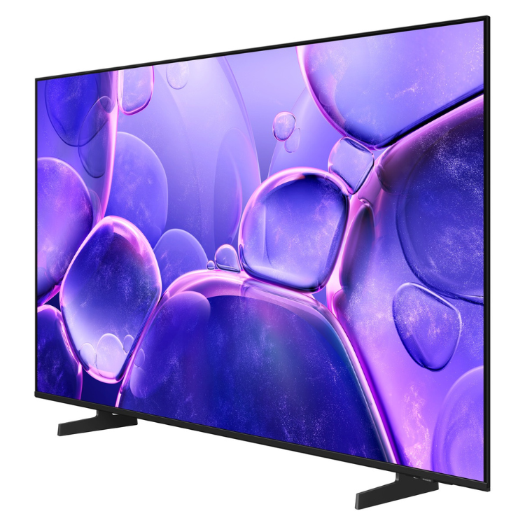 Televisão Samsung Crystal U8005F 65" 4K LED preto com imagem de bolhas roxas e violetas no ecrã.