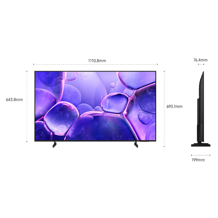 Televisão Samsung Crystal U8005F 50" 4K LED preto com dimensões 1110,8x643,8x76,4mm e suporte.