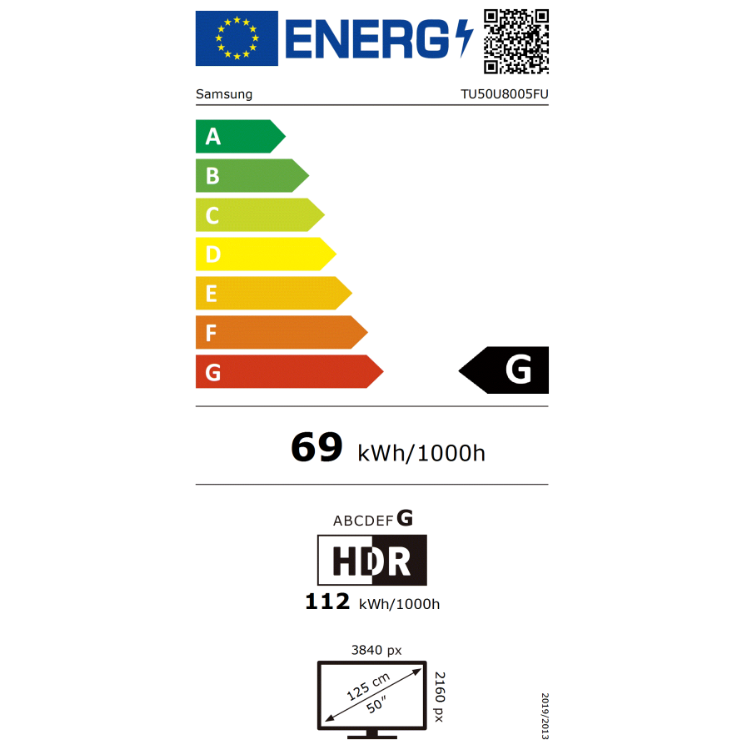 Etiqueta energética da televisão Samsung, eficiência G, 69 kWh/1000h, HDR, 112 kWh/1000h, 50 polegadas.