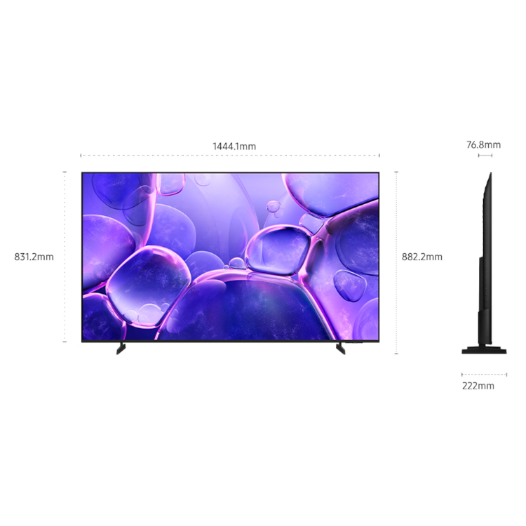 Televisão Samsung Crystal U8005F 65" LED 4K, com imagem de bolhas roxas, suporte e medidas do produto.