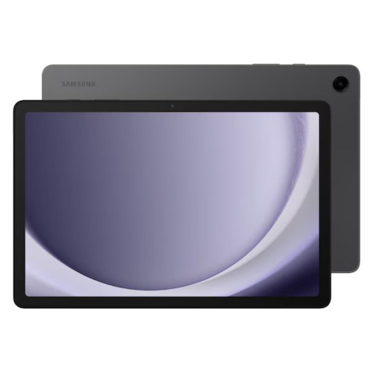 Tablet Samsung Tab A9+ X210R 8GB/256GB Wi-Fi Cinzento, ecrã táctil com moldura preta, câmara e marca Samsung visíveis.