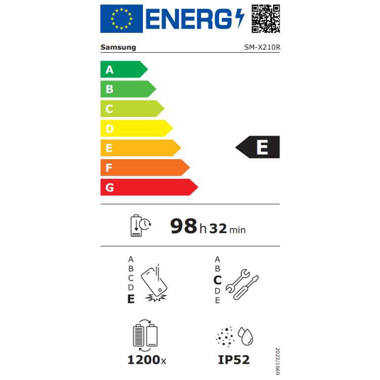 Etiqueta energética do tablet Samsung, classificação E, autonomia de 98 horas e 32 minutos.