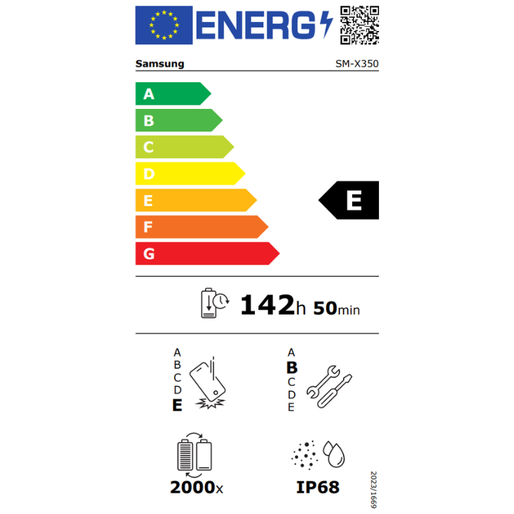 Etiqueta energética do Samsung SM-X350, eficiência E, bateria 142h 50min, resistência IP68.