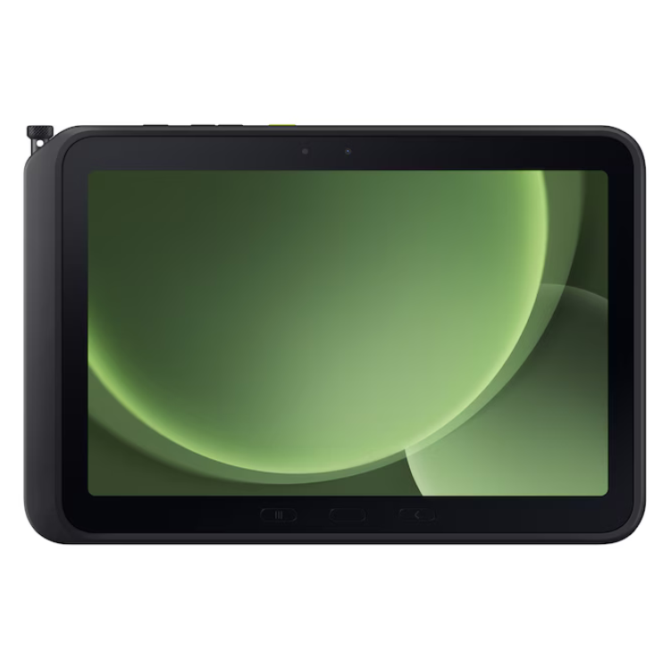 Tablet Samsung Tab Active 5 Pro verde, ecrã ligado.