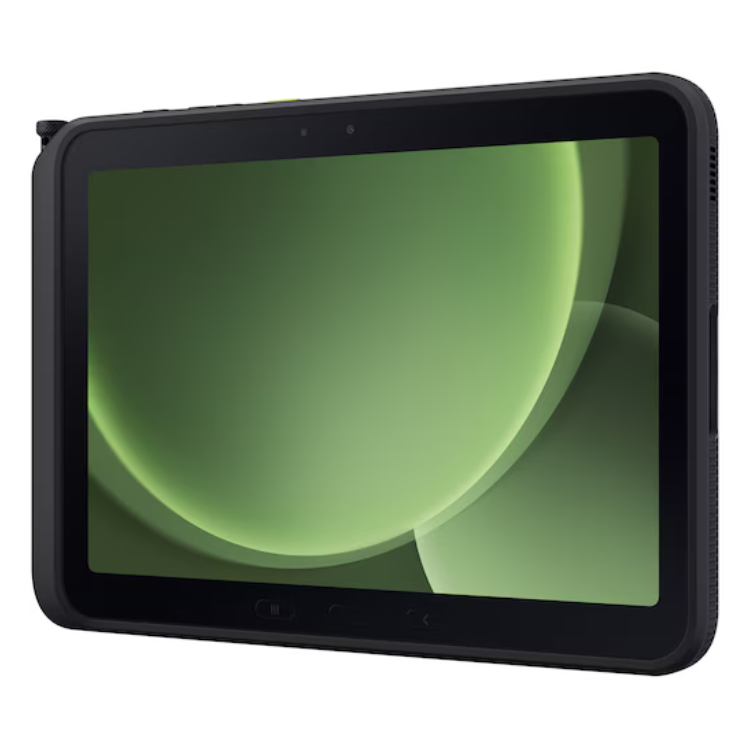 Tablet Samsung Tab Active 5 Pro verde com capa protetora.