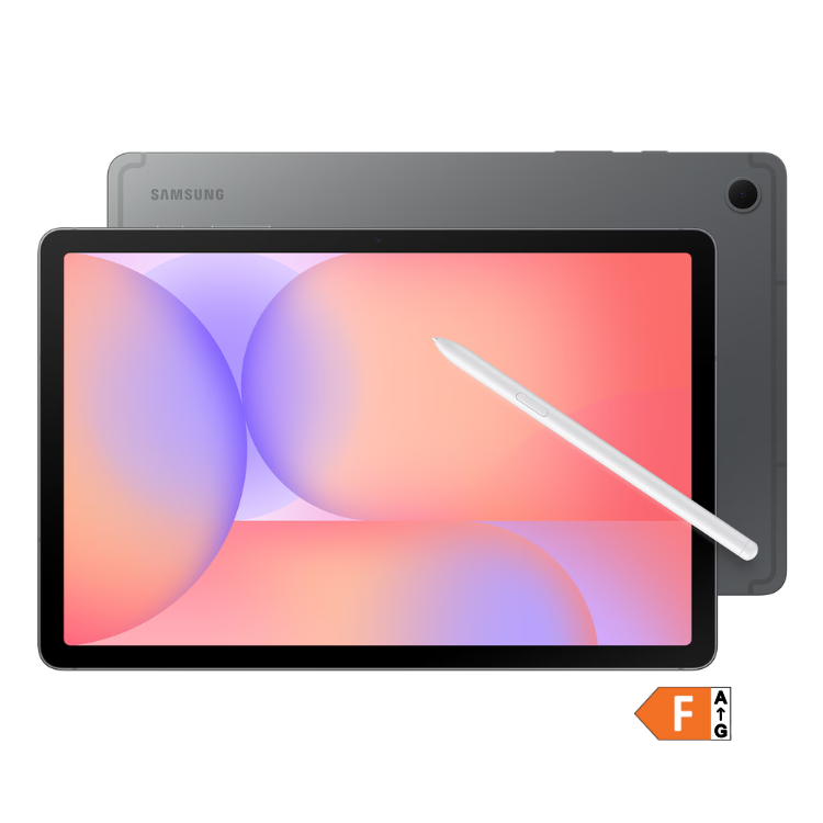 Tablet Samsung Galaxy Tab S10 Lite cinzento com caneta stylus e ecrã colorido.