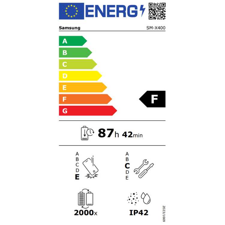 Etiqueta energética do Samsung SM-X400, classificação F, 87 horas e 42 minutos de bateria.