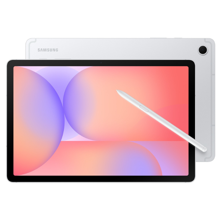 Tablet Samsung Galaxy Tab S10 Lite X400 prata com stylus sobre o ecrã colorido.