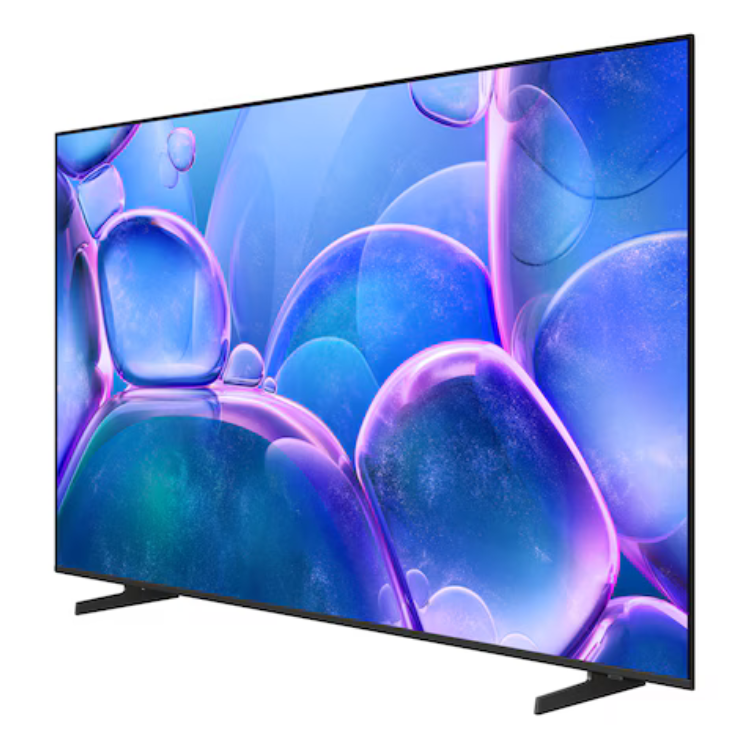 Televisão Samsung Crystal U7025F 65" Smart TV LED 4K UHD Tizen OS preta com imagem de bolhas azuis e violetas no ecrã.