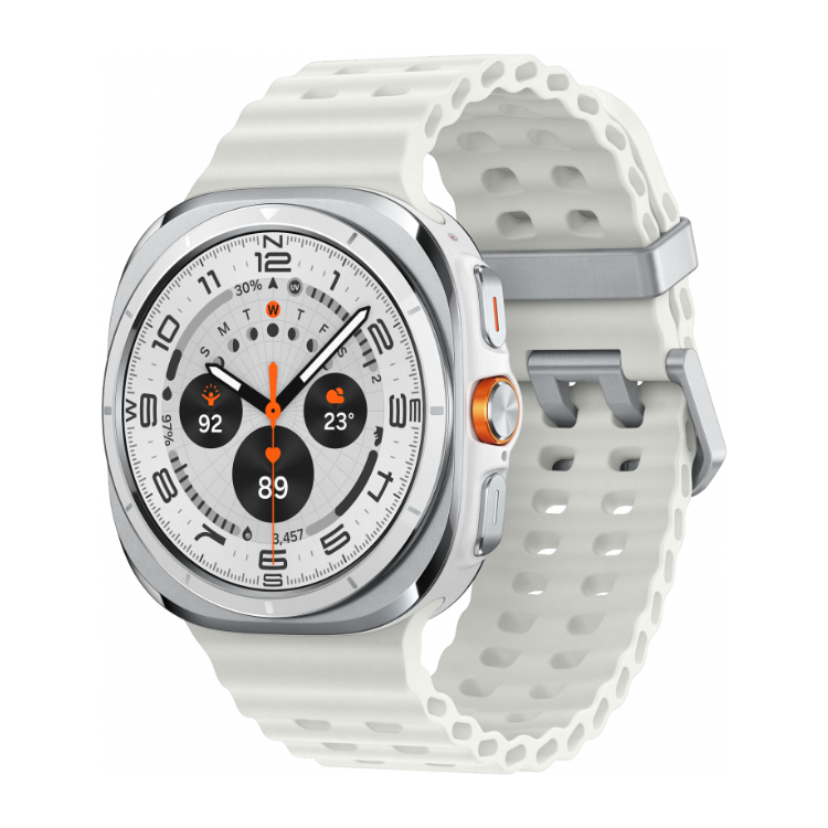 Smartwatch Samsung Galaxy Watch Ultra 2025, 47mm, branco, titânio, pulseira branca.