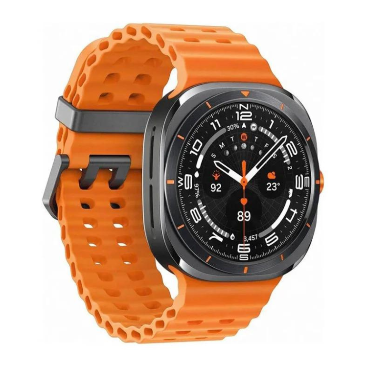 Smartwatch Samsung Galaxy Watch Ultra L705, pulseira laranja, mostrador preto com detalhes laranja e branco.
