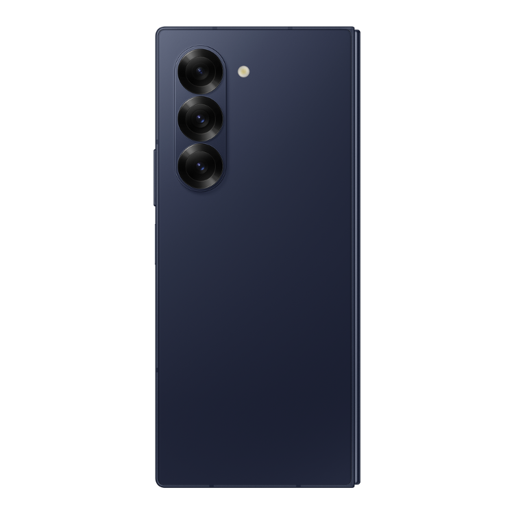 Samsung Galaxy Z Fold6 5G, azul escuro, smartphone dobrável com três câmaras verticais.