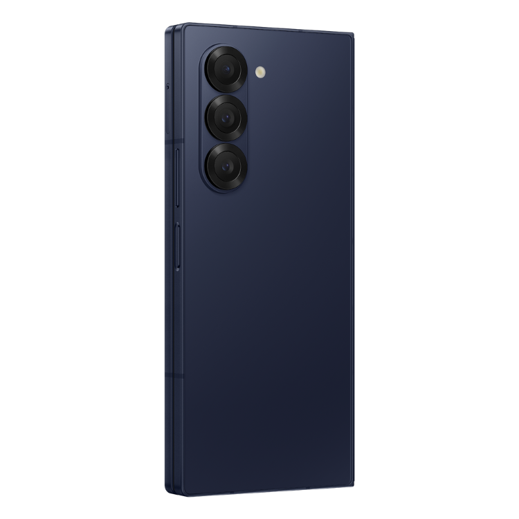 Samsung Galaxy Z Fold6 5G, azul escuro, smartphone dobrável com três câmeras traseiras.