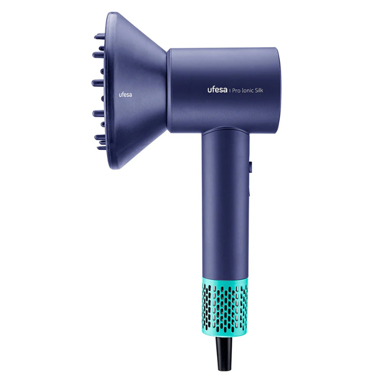 Ufesa Pro Ionic Silk hair dryer, purple with teal accents.