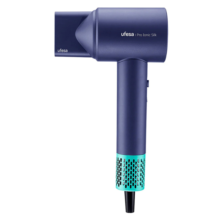 Ufesa Pro Ionic Silk hair dryer, purple with teal accents.