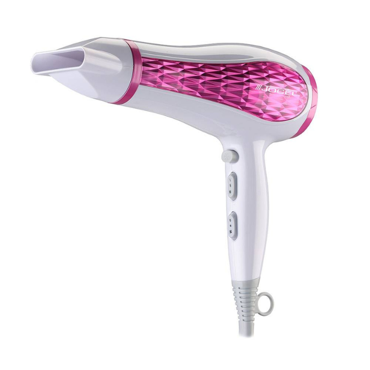 Jocel hair dryer, white and pink, 2200W, buttons on handle.