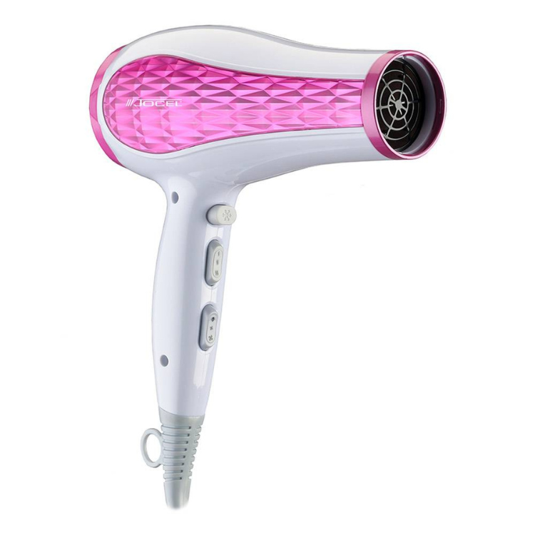 Jocel hair dryer, white and pink, 2200W, buttons on handle.