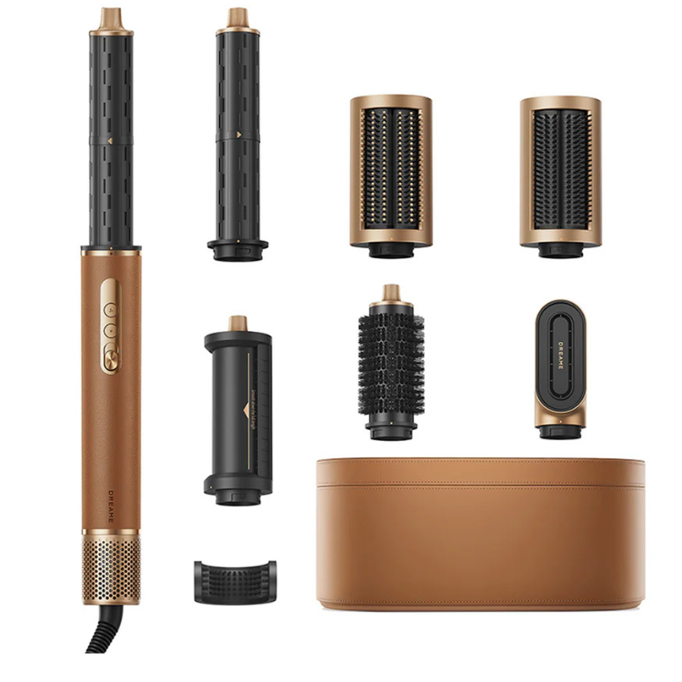 Dreame AirStyle Pro 1300W gold hair styler with multiple attachments.