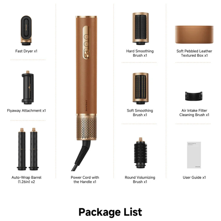 Dreame AirStyle Pro 1300W gold hair styler with accessories.