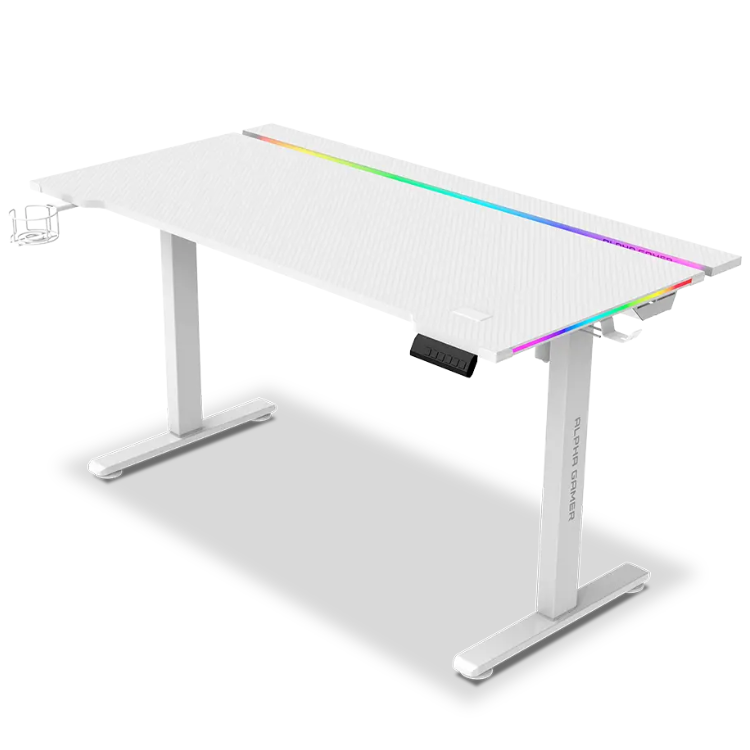 White electric gaming desk with RGB lights, 140cm, Alpha Gamer Zorya brand.
