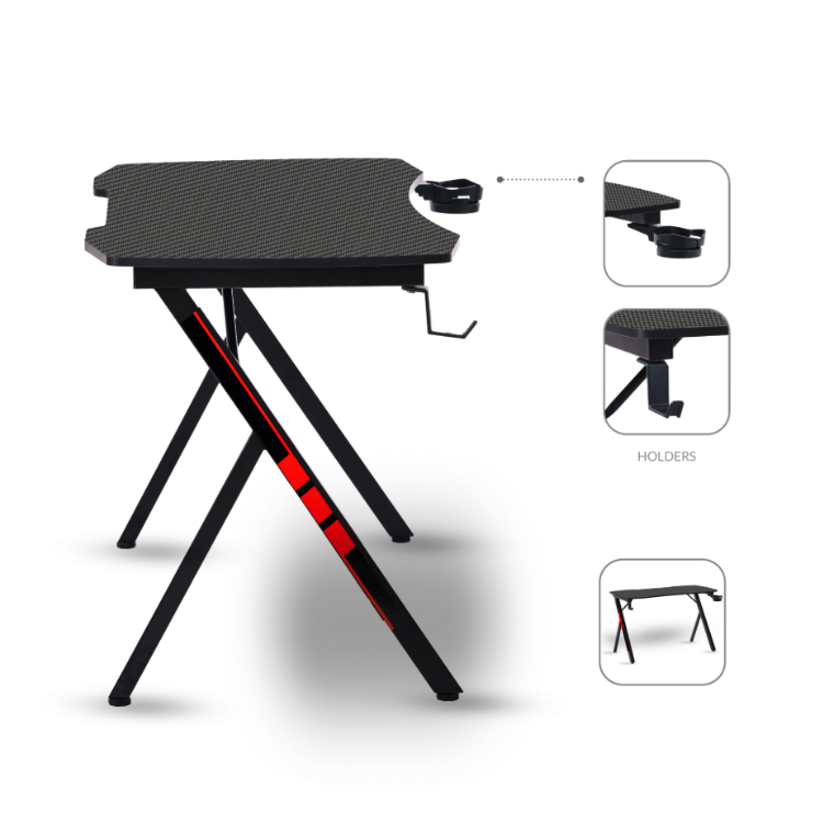 Black gaming desk with red accents, Napofix Yani, adjustable height and holders.